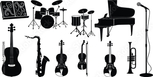 Musical instrument silhouette set, piano, guitar, violin, cello, saxophone, trumpet, drums, microphone, orchestra icons, band design