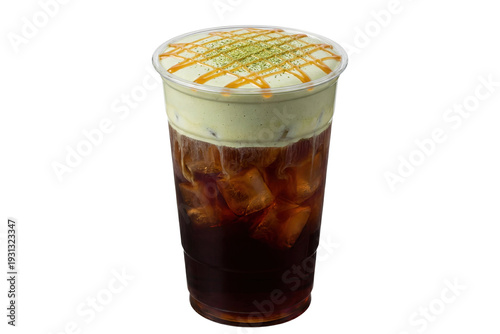 iced matcha cold brew coffee with cream foam and caramel drizzle in a plastic cup, isolated cutout