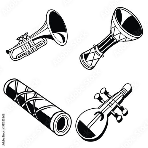 Harmony in monochrome Four distinct musical instruments are presented against a simple backdrop, each showcasing a unique design. 