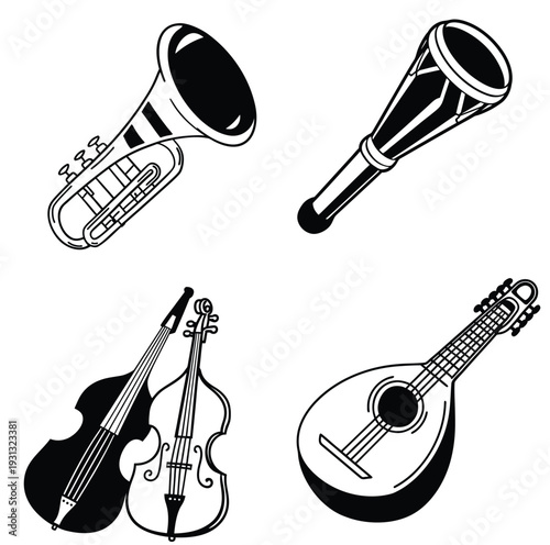Musical Instruments Collection A collection of musical instruments, presented in a minimalist, black-and-white style. Capturing the essence of various instruments