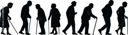 Silhouette elderly people walking with canes, aging process, mobility challenges, senior diversity, geriatric care concept, health illustration, support and inclusion
