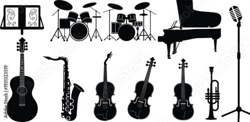 Musical instrument silhouette set, piano, guitar, violin, saxophone, trumpet, drums, microphone, orchestra icons, band design, performance tools