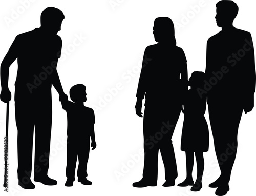Silhouette family generations together, grandparents parents children standing unity love care support isolated on white background illustration black vector art