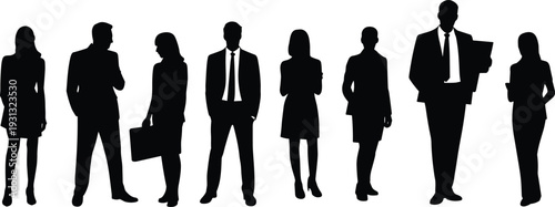Silhouettes of diverse business professionals standing in a row, corporate attire, teamwork concept, leadership, office culture, career success