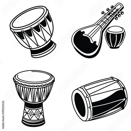 Melodic Ensemble A captivating arrangement of ethnic percussion instruments, designed in striking monochrome tones, creates a visually stunning artistic composition