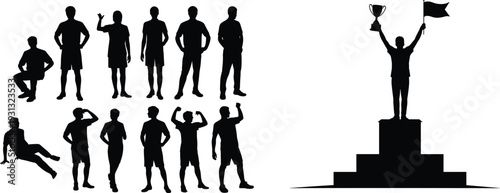 Silhouette group of people standing, posing, teamwork concept, victory podium winner holding trophy, success achievement, competition recognition, sports leadership inspiration