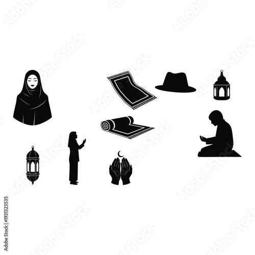 Islamic prayer icons with hijab people prayer mats lanterns and hands in prayer  Muslim religious symbols and objects