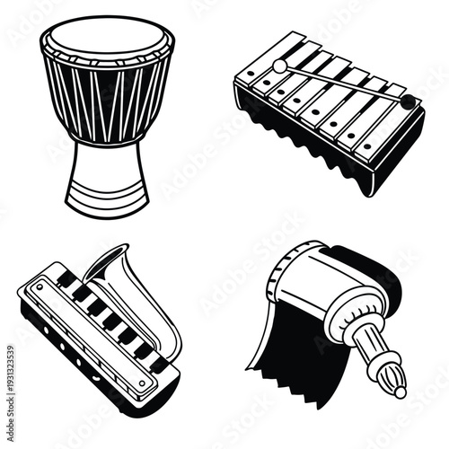 Musical Instrument Ensemble A collection of musical instruments, presented in a minimalist, line art style, showcasing the diverse tools of sonic expression.