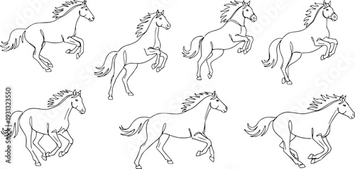 Running Horse Vector Set – Galloping and Rearing Horse Line Art Illustrations