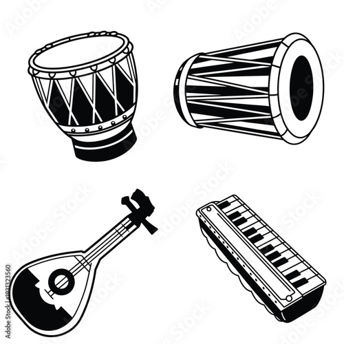 Musical Instruments Collage An assortment of musical instruments, presented in a monochrome arrangement. Including drums, a stringed lute, and a keyboard-style instrument.