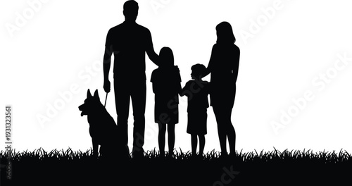 Silhouette of family with children and dog standing together outdoors, unity concept, parenting, companionship, lifestyle, love, happiness, bonding