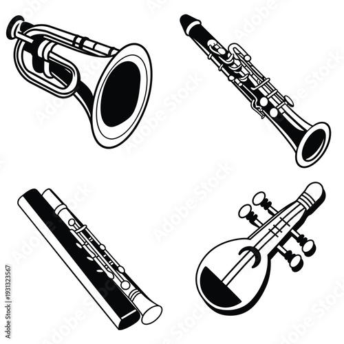 Musical Instruments Illustration A collection of musical instruments, elegantly depicted in a monochromatic style, showcases the trumpet, clarinet, flute, and lute.