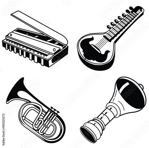Melody Instruments An artistic arrangement of four distinct instruments, each designed to produce sound, presented in a monochrome style, perfect for illustrating the essence of musical instruments.