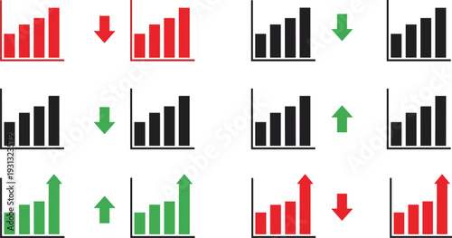 Financial Market Trend and Bar Chart Icon Set Featuring Bullish Green Growth and Bearish Red Decline Indicators for Trading Analysis