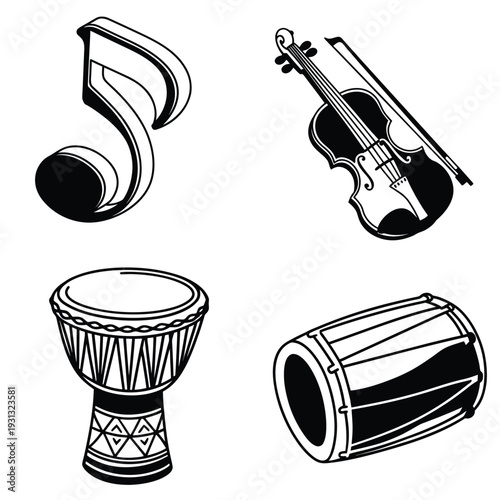 Musical Quartet in Harmony An elegant, black and white depiction of four individual musical elements forming a quartet, perfect for adding a touch of rhythm and melody to any project. 