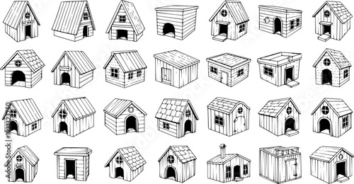 Hand Drawn Set of Various Small Houses and Dog Houses Illustrations. Black and White Doodle Collection of Cute Architectural Sketches, Isolated on White Background.