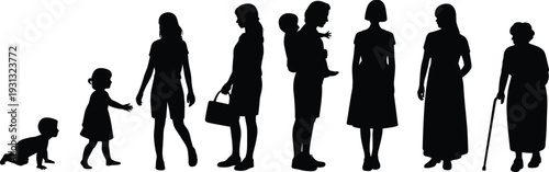 Silhouette stages of human life, infancy to old age, aging process, development concept, generational diversity, people progression, family illustration, health