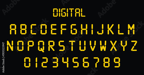 Yellow LED Style Digital Display Alphabet, vector illustration set featuring letters A to Z, numbers 0 to 9, retro electronic font, alarm clock and calculator display symbols, isolated flat vector 