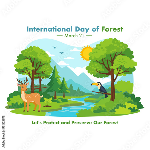 This illustration commemorates the International Day of Forests, celebrated annually on March 21st. It features silhouettes of trees and hills in the background.