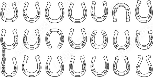 Collection of various horseshoe outline vector illustrations, showing different shapes and styles, popular as a symbol of luck, western culture, and equestrian sports.
