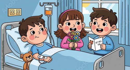 Children Friendship Hospital Scene Cartoon Vector