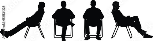 Man sitting on folding chair silhouette set, male person relaxed seated poses isolated on white background vector illustration