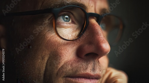close-up portrait of a thoughtful middle-aged man wearing glasses, warm dramatic lighting casting soft shadows across his face, shallow depth of field emphasizing expressive eyes