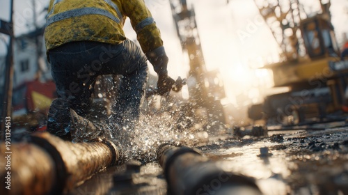 construction worker in safety gear repairing a leaking water pipeline on a busy outdoor worksite, water spraying from the leak, dirt and tools scattered around, cranes and machinery in the background