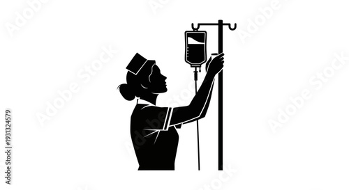 Pure silhouette illustration of a dedicated healthcare nurse managing an intravenous infusion, symbolizing essential medical treatment and professional patient care