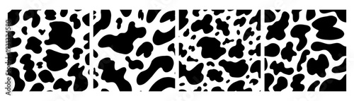 Black and White Cow Stain Seamless Square Pattern Set. Cow Spot Texture Animal Skin Surface Pattern Kit. Vector Animalistic Repeat Background