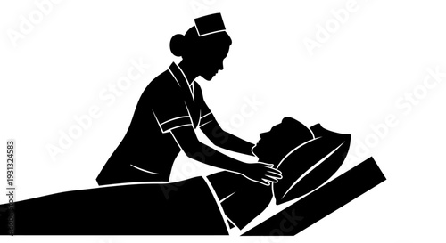 Pure silhouette illustration depicting a caring nurse attending to a patient in a bed, symbolizing dedicated medical assistance and compassionate support within a healthcare setting