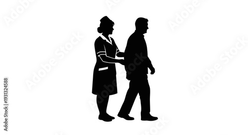 Minimalist graphic silhouette of a nurse assisting a patient in walking, symbolizing dedicated healthcare, compassionate support, and professional medical service