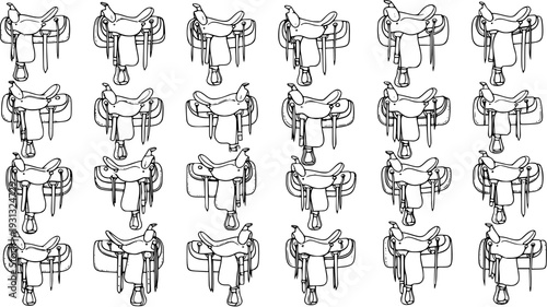 Hand-drawn Western Saddles Seamless Pattern. Detailed black and white line art illustration of horse saddles, ideal for textile, decor, or cowboy-themed backgrounds.