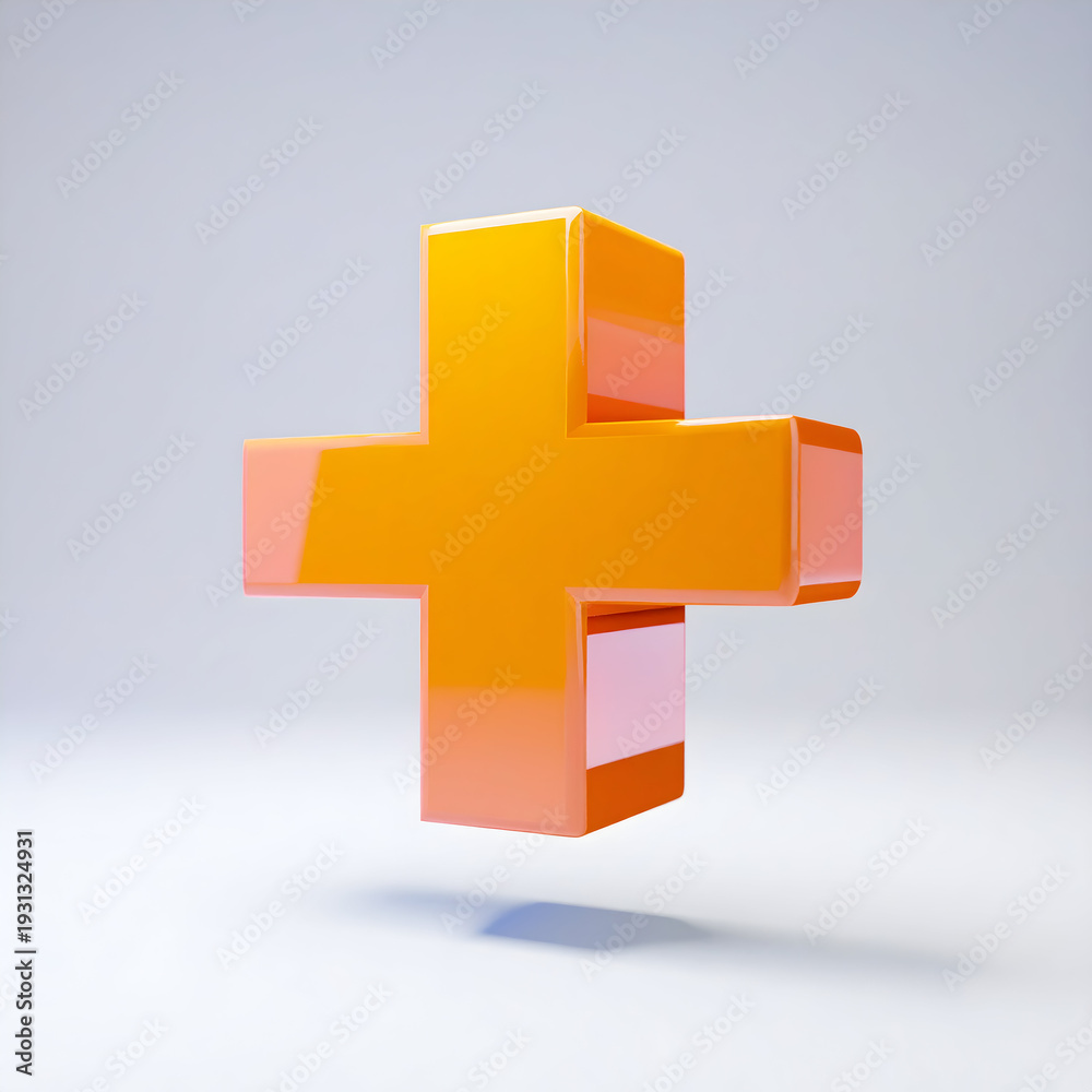 Obraz premium Glossy 3D orange plus symbol floating on a soft neutral background, casting a subtle shadow. Modern, vibrant, and minimal design perfect for healthcare, positivity, addition, or user interface concept