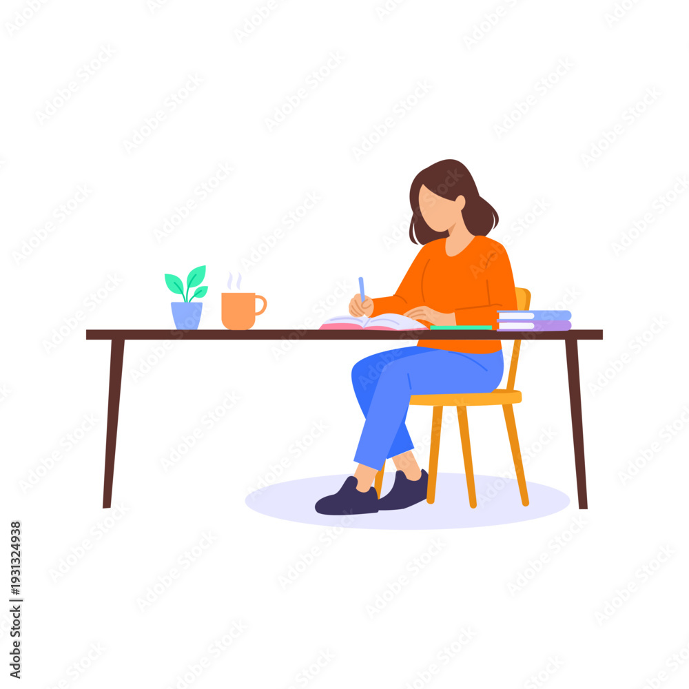 Fototapeta premium Journaling Inspiration, writing thoughts to inspire daily growth, Flat vector character illustration