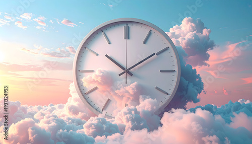 Surreal concept of time with a large wall clock floating among soft clouds in a pastel sky