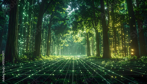 Lush green forest merging with a glowing digital network grid and data particles