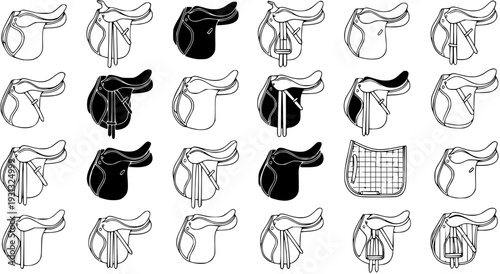 Collection of Various Equestrian Saddles for Horses, Outline Drawings