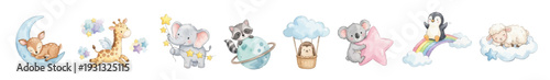 Watercolor cute baby animals and space. Nursery watercolor clipart of baby animals clouds, rainbow and shooting star. Collection of Vector illustrations. Perfect for invitation, card, poster, banner