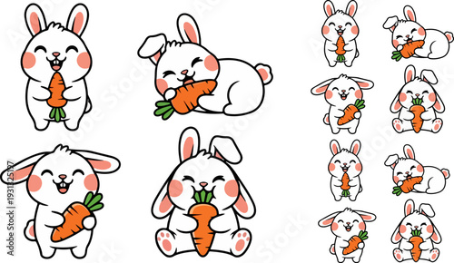 Adorable collection of cute white cartoon bunnies happily enjoying big orange carrots in various playful poses