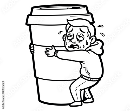 “Exhausted Cartoon Character Clinging to Giant Coffee Cup – Funny Black and White Caffeine Addiction Illustration”