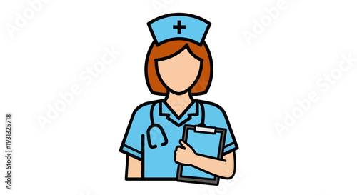 Illustration of a nurse wearing a blue uniform and cap, holding a clipboard with a stethoscope around her neck