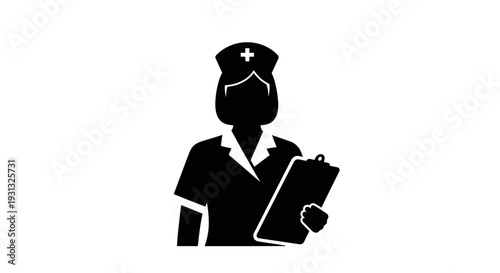 Silhouette of a nurse holding a clipboard, symbolizing healthcare and medical care