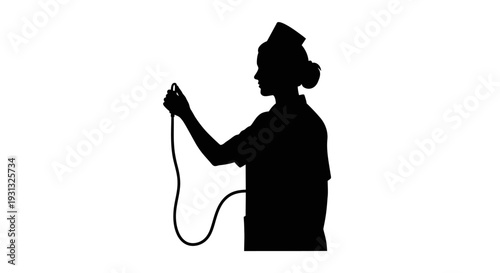 Silhouette of a nurse holding a medical tool, possibly a stethoscope, against a white background