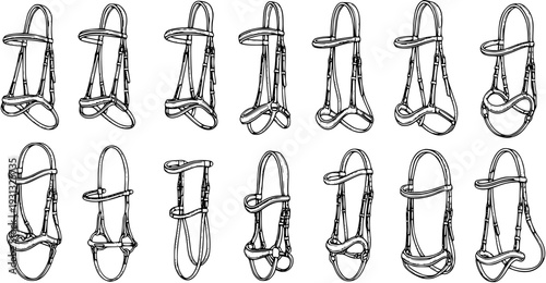 Detailed line art collection of 14 different horse bridles, showcasing various equestrian tack designs for riding, training, and equipment concepts on white background.