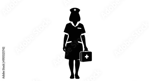 Black silhouette of a female nurse in professional uniform, standing and confidently holding a medical first aid kit, symbolizing essential healthcare and emergency assistance