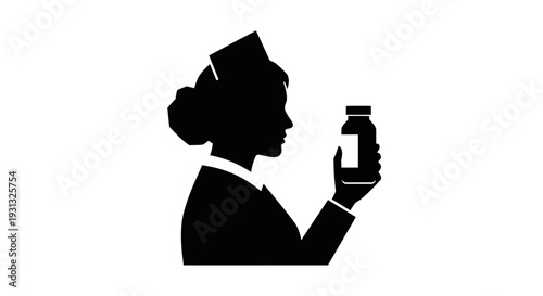 Silhouette of a nurse in uniform holding a medicine bottle, representing healthcare and medical assistance