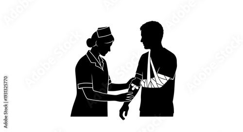Silhouette of a nurse bandaging a patient's arm, symbolizing medical care and recovery