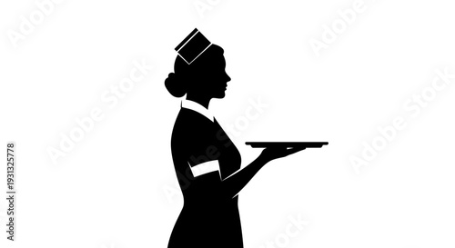 Silhouette of a nurse in uniform holding a tray, ready to serve, with a clean and professional aesthetic