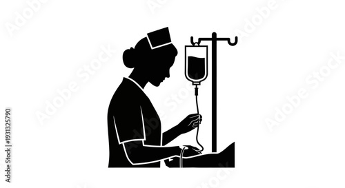 Silhouette of a nurse administering an intravenous drip to a patient, symbolizing healthcare and medical care